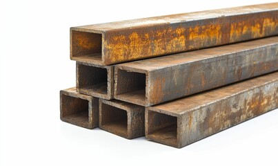 Rusty square metal bars stacked on white.