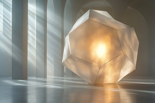 A luminous geometric sculpture illuminates a spacious hall with sunlight