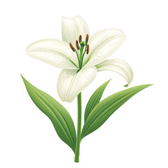 Obraz premium White lily flower with green leaves illustration. PNG