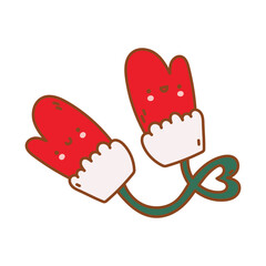 Emotional winter mittens. Kid's mittens with a heart thread. Cute gloves in doodle style. Christmas vector illusrtation on a white background