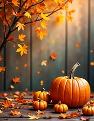 Autumn Pumpkins and Leaves