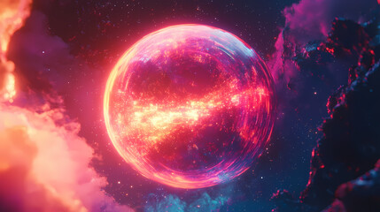 Fototapeta premium Celestial orb, aglow in a radiant fiber optic matrix, vibrant colors in glitch art style, transcendent energy illuminating the scene, digital art, sci-fi inspired beauty. Transcendent. Illustration
