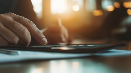 Business strategy: close-up of hands utilizing a tablet for financial analysis in warm lighting