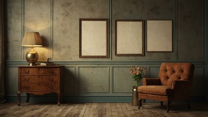 Blank posters in a room with vintage-style furniture.