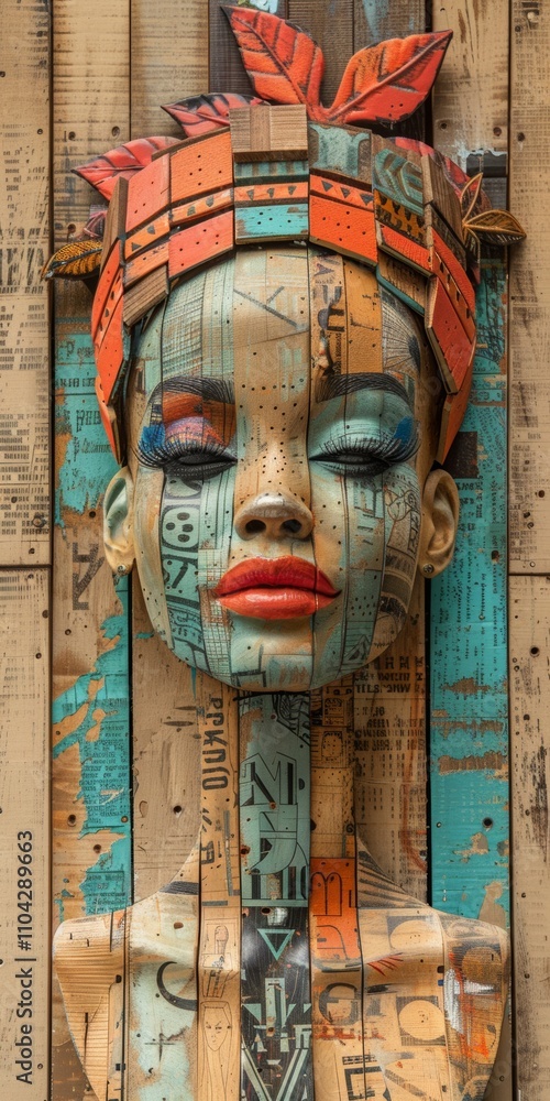 Poster vibrant apache-inspired art display featuring a bust with intricate woodwork and colorful design ele