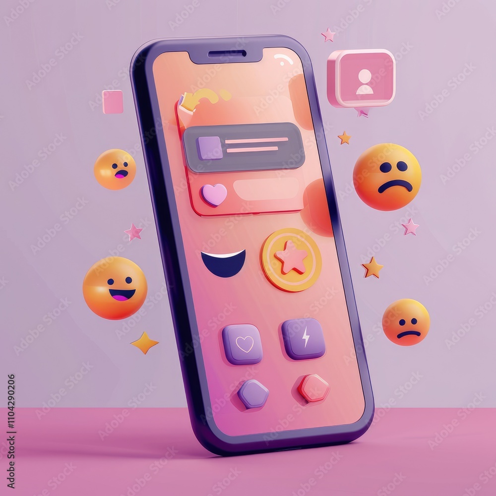 Poster a colorful smartphone displaying various emoticons and interaction buttons.