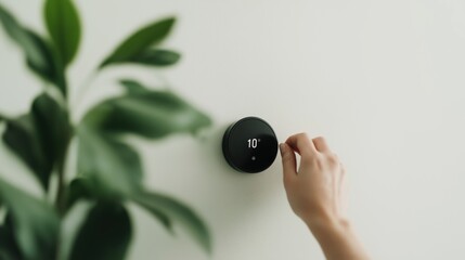 Smart home temperature control: hand adjusting digital thermostat in minimalist setting