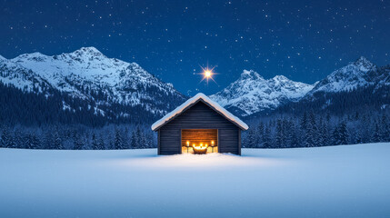 Fototapeta premium Snowy cabin under starry night sky in peaceful mountain wilderness