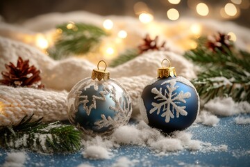 Two shimmering ornaments rest gracefully on a table, capturing the festive spirit with their dazzling colors and intricate designs, perfect for the holiday season.