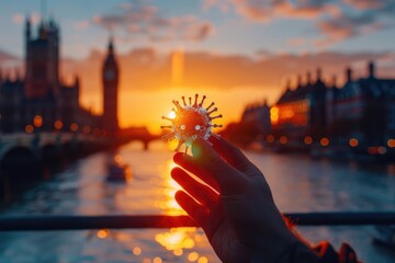 Hand holding Covid 19 virus with Premier League title.