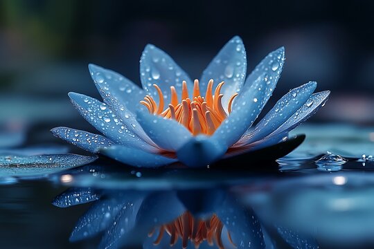Blue water lily flower with water drops on petals
