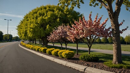 Blooming ornamental trees along an empty road median.