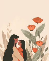 A tender moment between a mother and daughter, both with dark hair, surrounded by delicate orange flowers and soft green leaves.