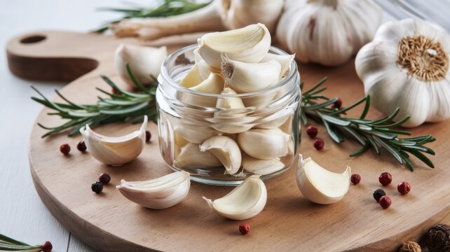 A wooden cutting board with a glass jar filled with peeled garlic cloves. The jar is surrounded by whole garlic bulbs, sprigs of fresh rosemary and peas of pepper.