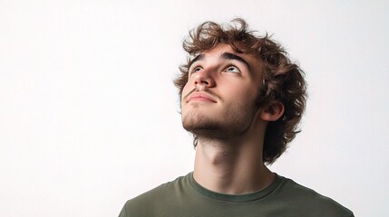 Obraz premium Thoughtful Young Man Gazes Upward in Simple Studio Setting