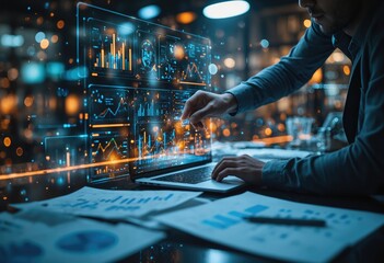 Person analyzing financial data on a futuristic digital interface with graphs and charts in a modern office environment. Technology and business analytics concept.