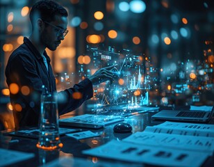 Person analyzing financial data on a futuristic digital interface with graphs and charts in a modern office environment. Technology and business analytics concept.