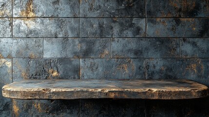 A rustic wooden shelf against a textured dark wall, ideal for display or storage.