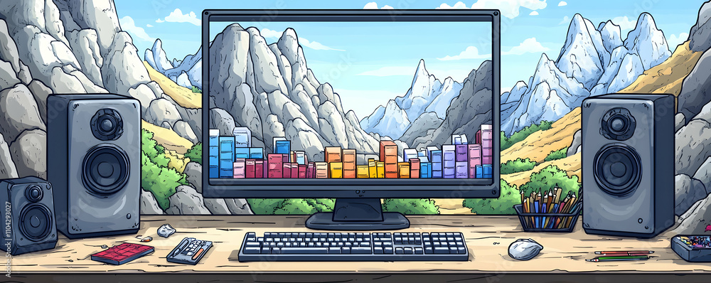 Poster mountain landscape view on computer screen with music editing software, speakers, keyboard and mouse