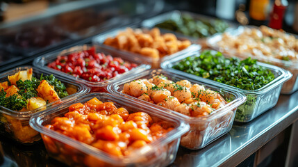 Obraz premium Colorful assortment of freshly prepared salads and vegetables in clear containers