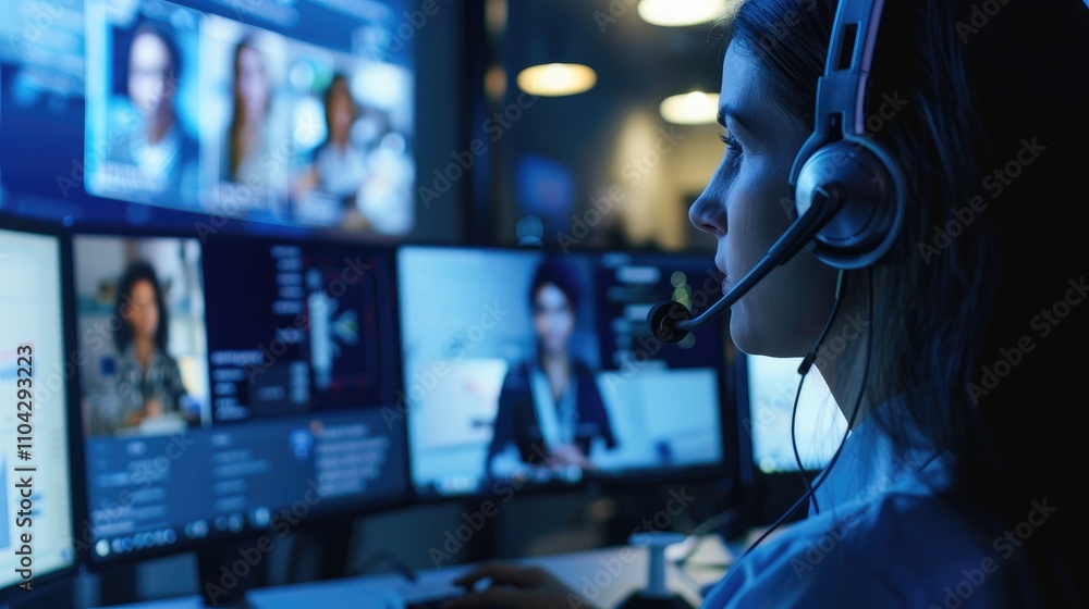 Poster a woman using a headset while managing video calls on multiple screens.