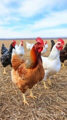 Fototapeta premium Chickens freely roam a sunny farm field in early afternoon during springtime grazing
