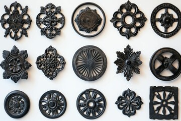 Fototapeta premium Ornate black metal decorative elements arranged on white.