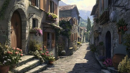 Obraz premium Charming Rustic Village Street Surrounded by Flowers and Stone Houses
