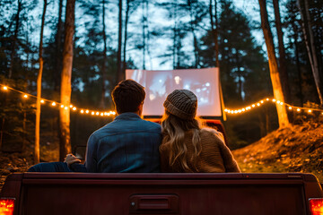 A couple watching a movie in their car in the forest for Valentine's Day. Valentine's Day concept.