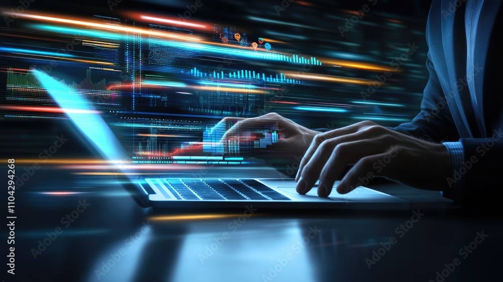 Aufkleber hands typing on laptop with motion blur and digital data background