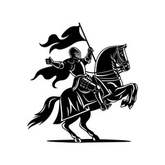 Silhouette knight medieval cavalier with horse holding flag, Silhouette of a knight on a horse, knight riding horse, Silhouette of a knight on a horse, in black color only, full-body