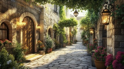 Charming Cobblestone Alley with Lanterns and Flowering Plants