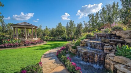 Tranquil Garden Scene Featuring Gazebo and Waterfall in Nature