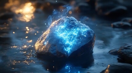 Illuminated blue crystal emanating magical energy from rock surface photos