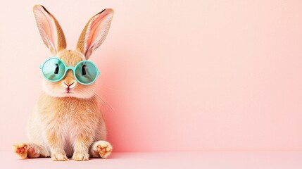 Cute rabbit wearing stylish sunglasses on pastel pink background
