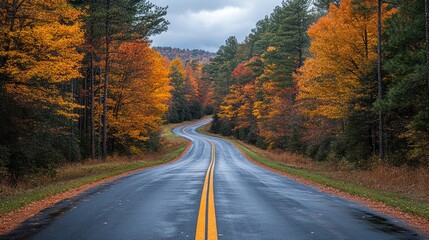 Obraz premium Winding road through autumn forest.