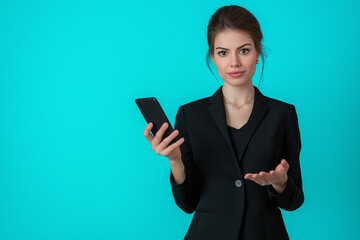 Naklejka premium A businesswoman, around 35 years old, standing with a smartphone in one hand while gesturing with the other as if explaining something, professional and confident, light teal background.