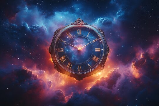 An antique clock floating in the vast expanse of space and time