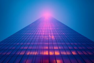 A skyscraper illuminated in purple and blue at night