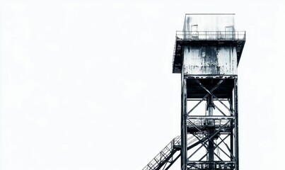 Weathered industrial structure; metal tower, staircase.