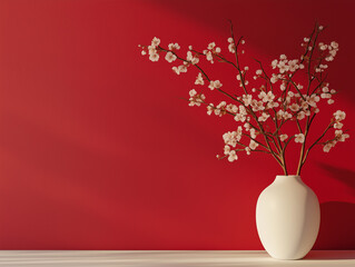 Cherry blossom branch on wooden table with light from window. generative AI