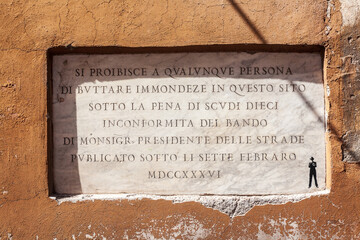 18th Century Stone Plaque Warning Against Waste Disposal in Rome