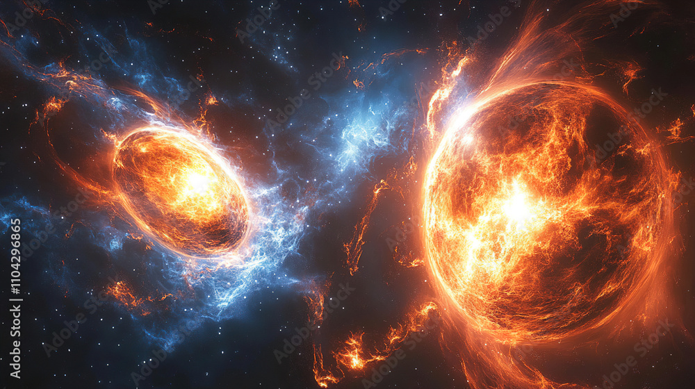 Poster cosmic collision of fiery celestial bodies glowing amidst swirling galactic clouds in deep space. ge
