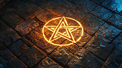 Glowing pentacle drawn on a stone floor in a mystical setting at night