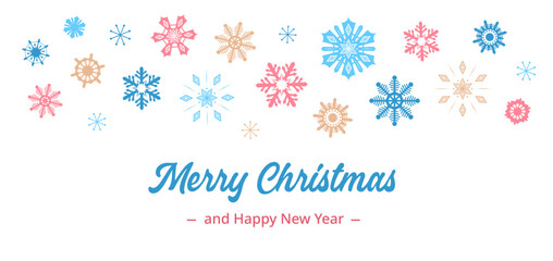 Merry Christmas banner simple design with colorful snowflakes. Christmas and happy new year greeting holiday border frame. Cute snowflake crystals design for brands with red, white and blue colors.