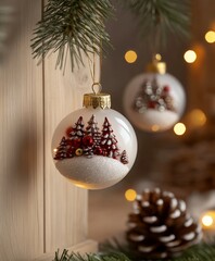 Two shimmering ornaments dangle from a lush evergreen tree, surrounded by glistening pine cones, creating a festive and enchanting Christmas atmosphere.