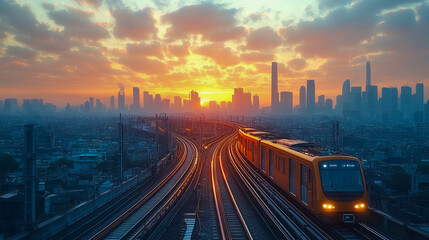 Obraz premium Cityscape sunset with train on tracks leading to urban skyline