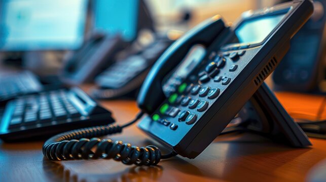 A close-up of office telephones on a desk, highlighting communication tools in a business setting.
