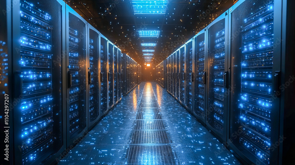 Poster futuristic data center with glowing servers in a network corridor