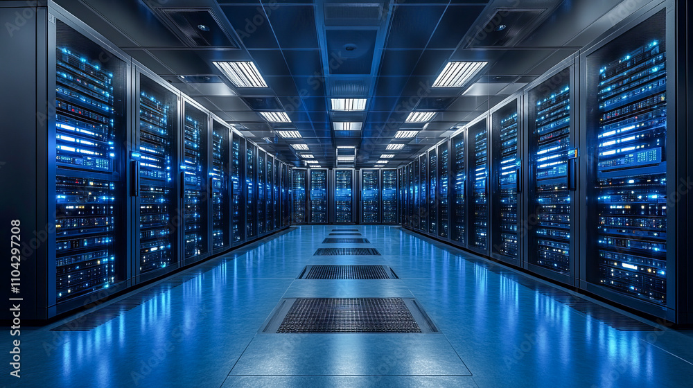 Poster futuristic data center with illuminated servers and advanced technology